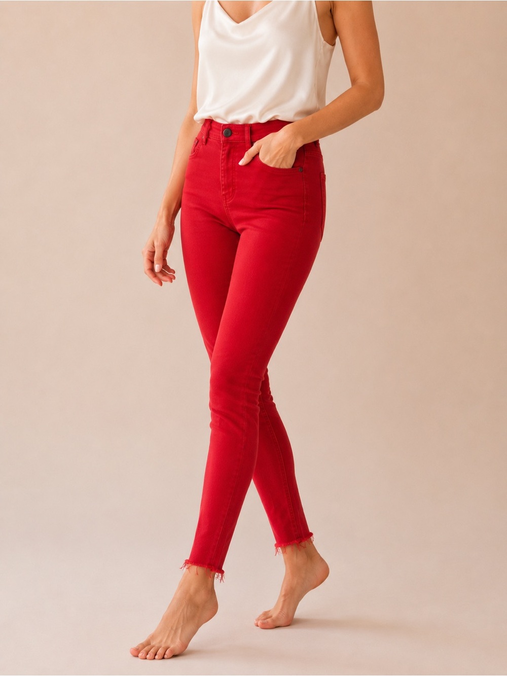 Frame Denim Le High Skinny Red High Waist Ankle Jeans Size 29 Distressed Hem